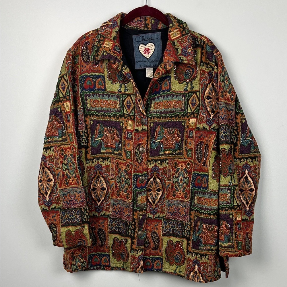 Chico's Anniversary Collection cotton embroidered and beaded tapestry jacket
